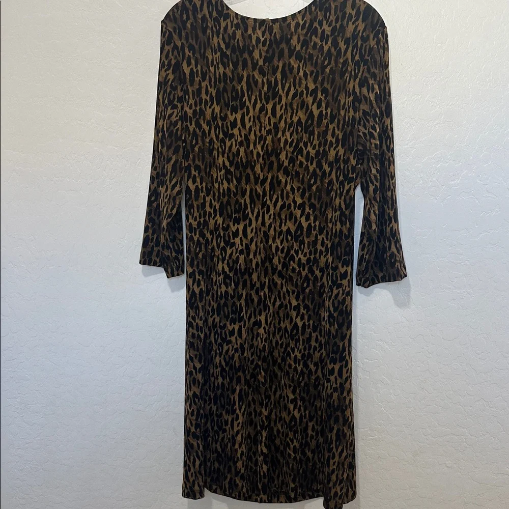 Chico's Black leopard Brown Animal Dress size Xl (3) v-neck wrap midi chic